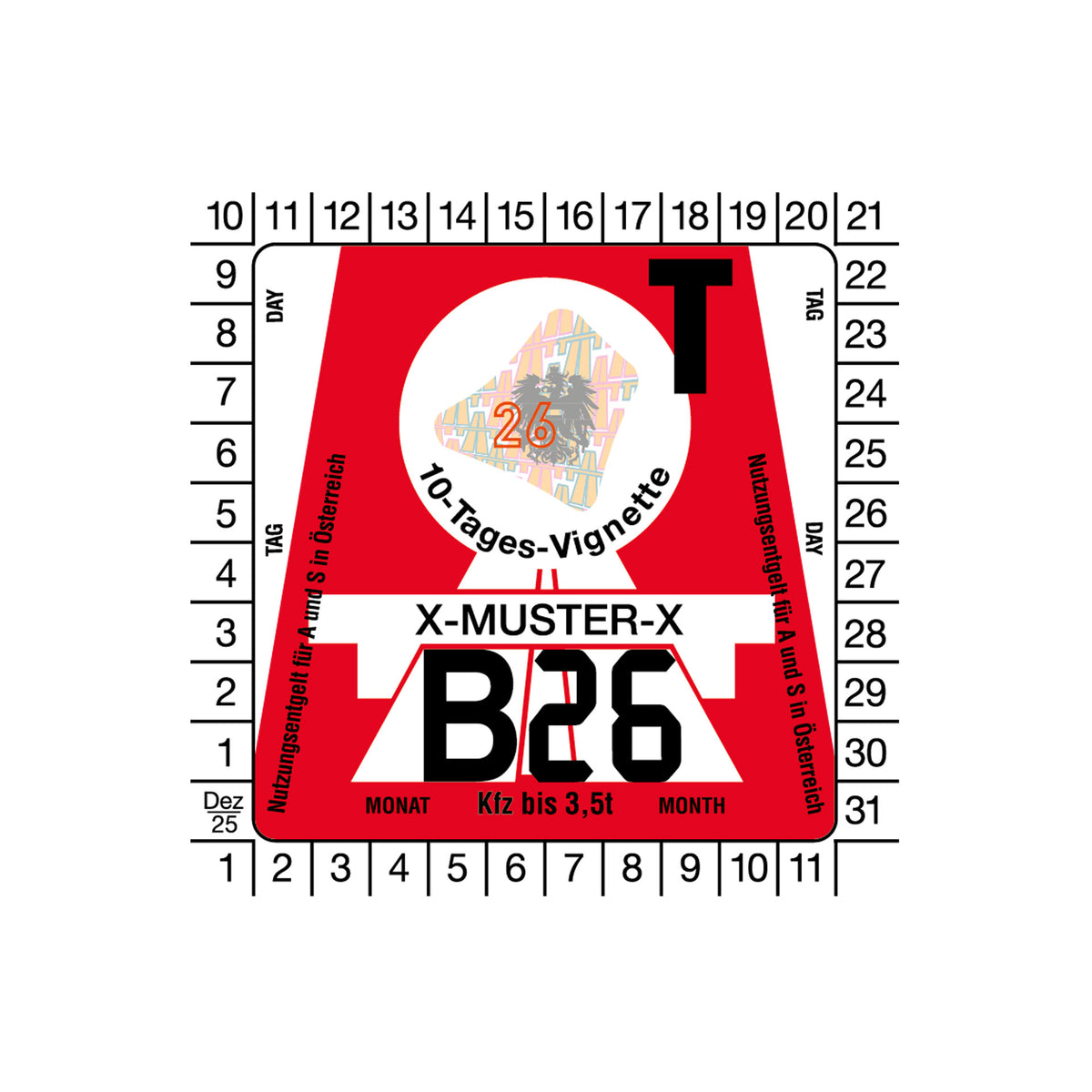 10-Tages-Vignette, PKW, Österreich 2026.